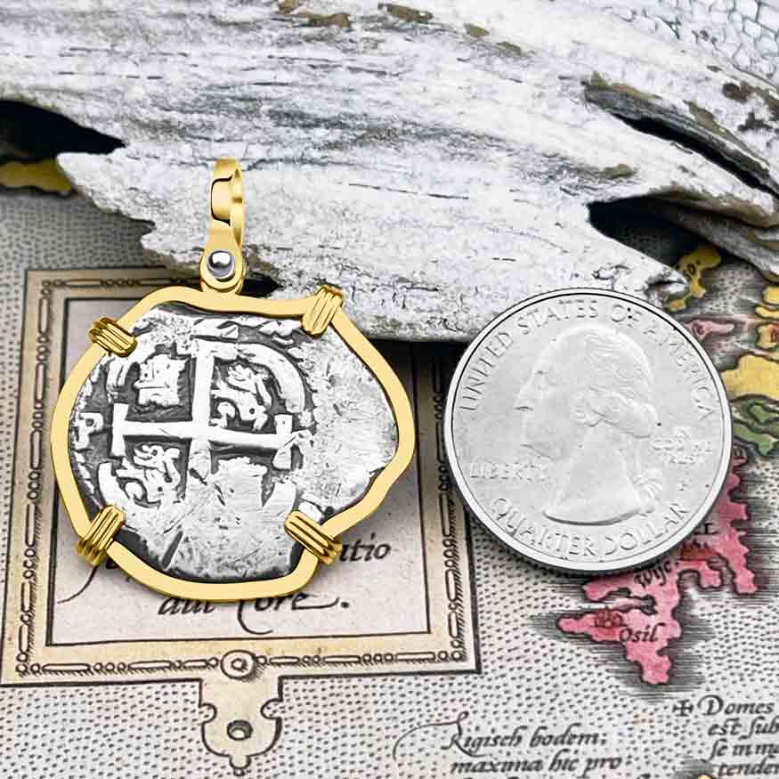 Pirate Era 1706 Spanish 2 Reale &quot;Piece of Eight&quot; 14K Gold Pendant
