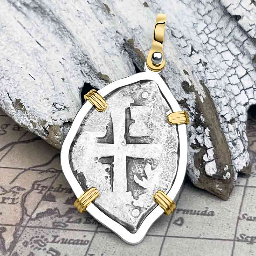 Pirate Era 1730s Spanish 2 Reale "Piece of Eight" 14K Gold and Sterling Silver Pendant