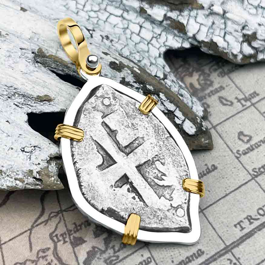 Pirate Era 1730s Spanish 2 Reale &quot;Piece of Eight&quot; 14K Gold and Sterling Silver Pendant