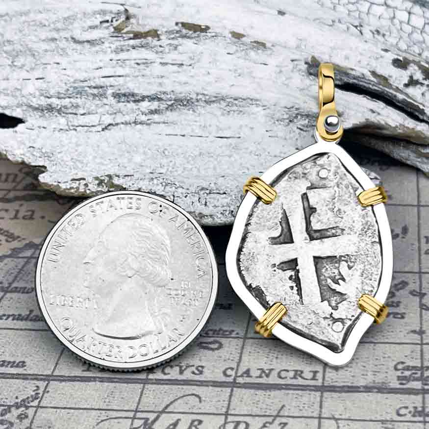 Pirate Era 1730s Spanish 2 Reale &quot;Piece of Eight&quot; 14K Gold and Sterling Silver Pendant