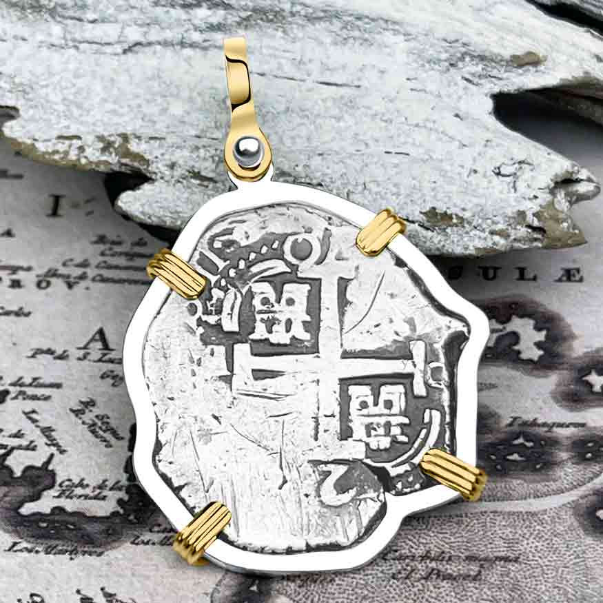 Pirate Era 1670 Spanish 2 Reale &quot;Piece of Eight&quot; 14K Gold and Sterling Silver Pendant 