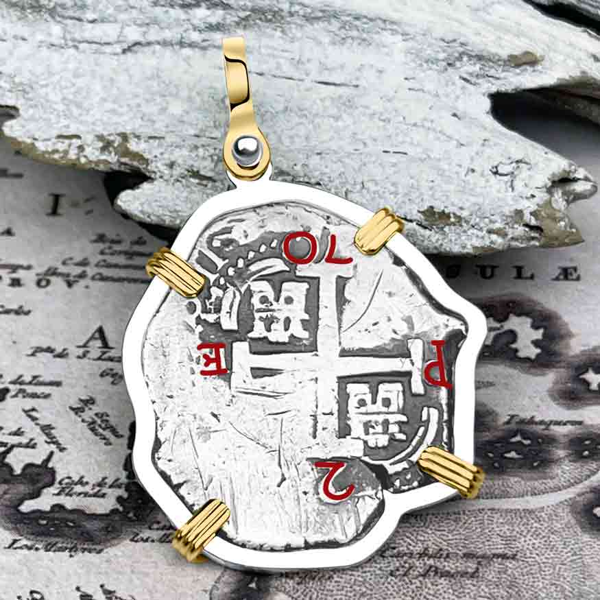 Pirate Era 1670 Spanish 2 Reale "Piece of Eight" 14K Gold and Sterling Silver Pendant 