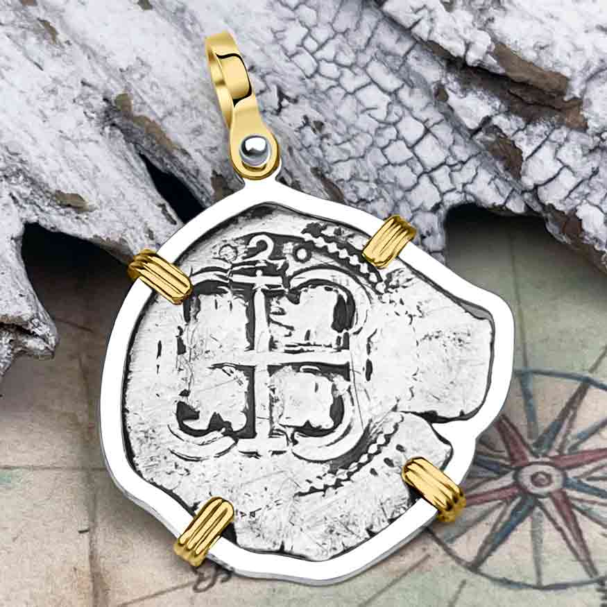 Pirate Era 1658 Spanish 2 Reale "Piece of Eight" 14K Gold and Sterling Silver Pendant