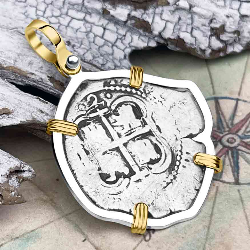 Pirate Era 1658 Spanish 2 Reale &quot;Piece of Eight&quot; 14K Gold and Sterling Silver Pendant