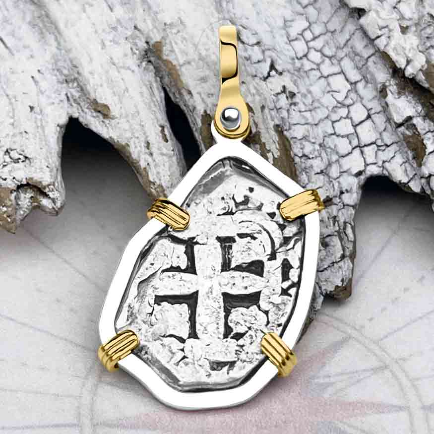 Pirate Era 1753 Spanish 2 Reale "Piece of Eight" 14K Gold and Sterling Silver Pendant