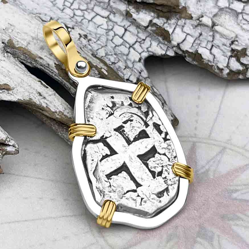 Pirate Era 1753 Spanish 2 Reale "Piece of Eight" 14K Gold and Sterling Silver Pendant