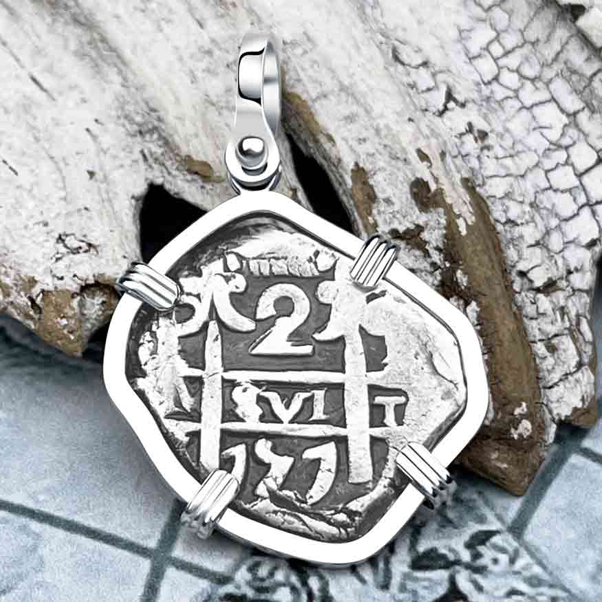 Pirate Era 1757 Spanish 2 Reale &quot;Piece of Eight&quot; 14K White Gold Pendant