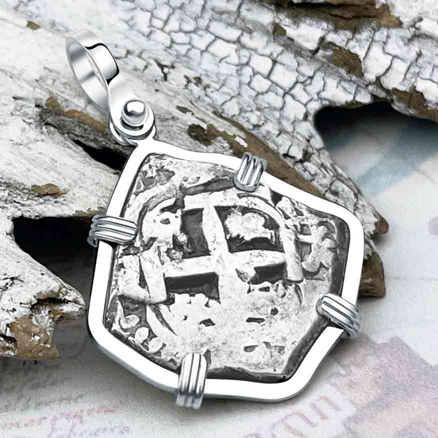 Pirate Era 1754 Spanish 2 Reale &quot;Piece of Eight&quot; 14K White Gold Pendant