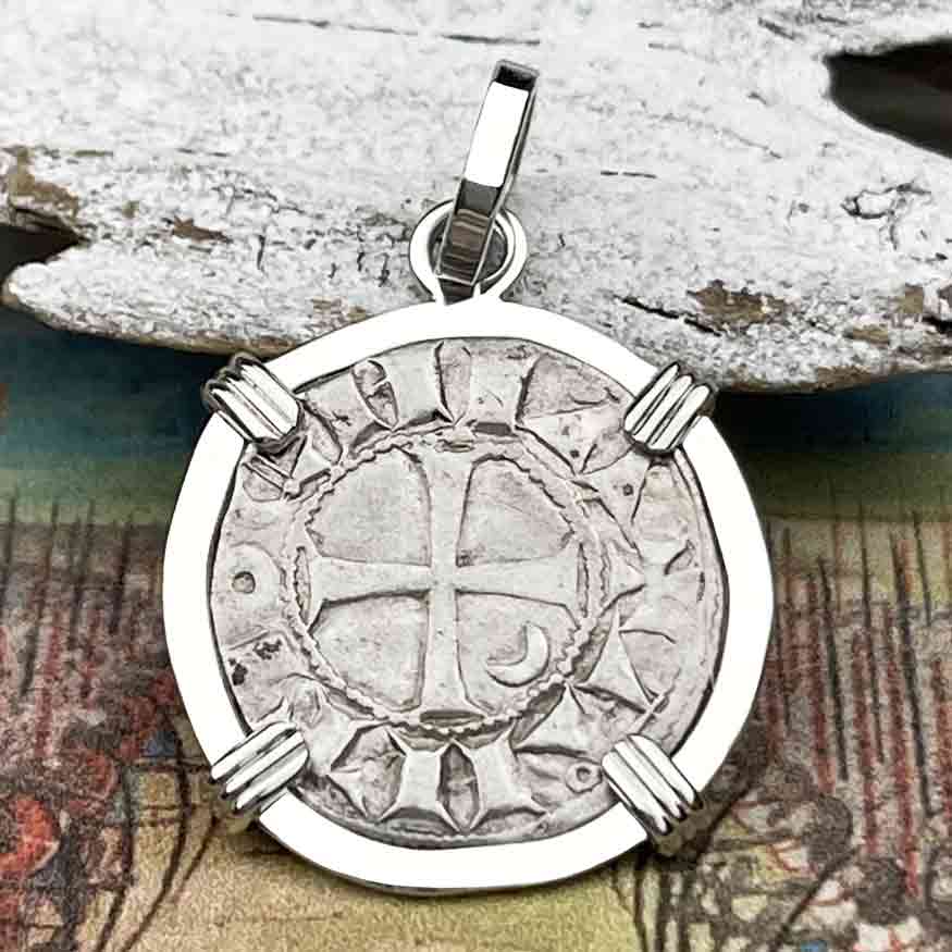 Templar Knights Era Antioch Crusader Medieval Silver Denier &quot;Helmet Head&quot; Coin of the Crusades 14K White Gold Pendant