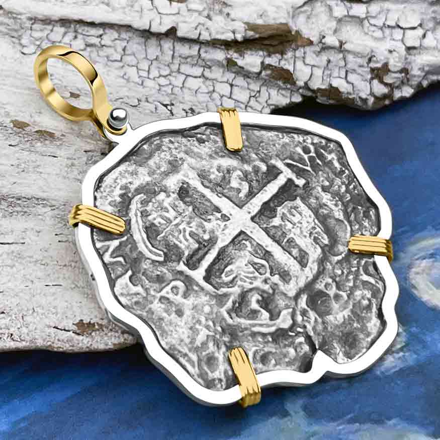 RARE DATED 1715 Fleet Shipwreck 8 Reale Piece of Eight 14K Gold and Sterling Silver Pendant - Mel Fisher Cobb Coin Company Collection