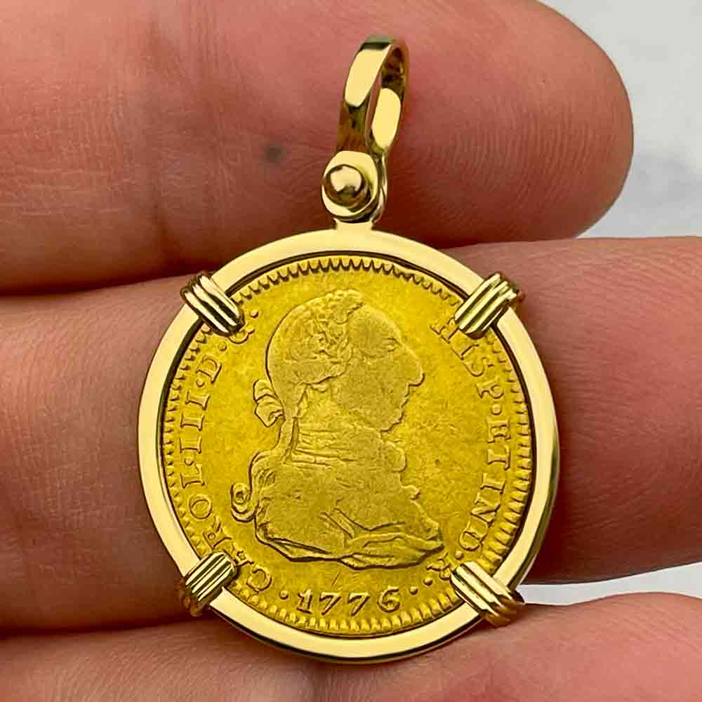 RARE 1776 Spanish 22K Gold Portrait 2 Escudo - the Legendary Doubloon - 18K Gold Pendant