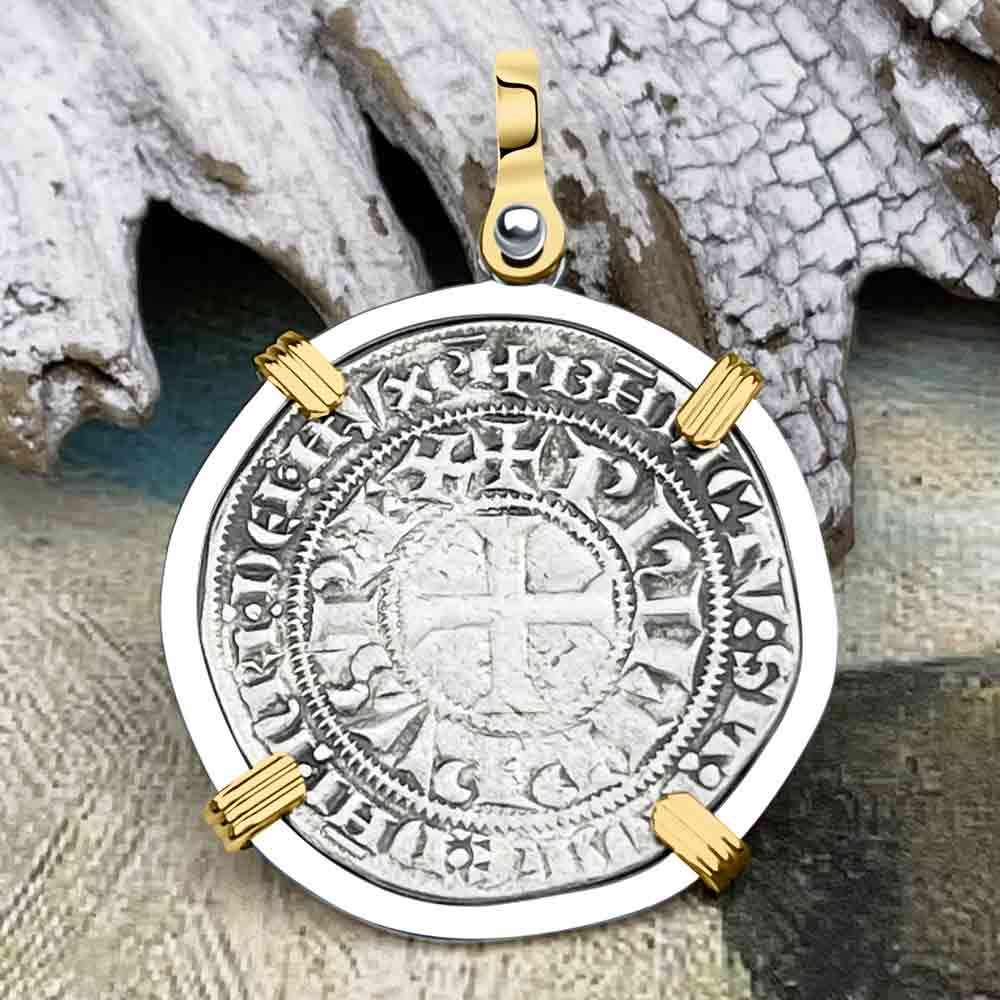 Templar Knights Era Medieval France Silver Gros Tournois circa 1290 Crusader Cross Coin 14K Gold and Silver Pendant