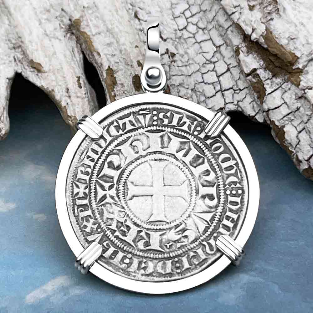 Templar Knights Era Medieval France Silver Gros Tournois circa 1290 Crusader Cross Coin 14K White Gold Pendant