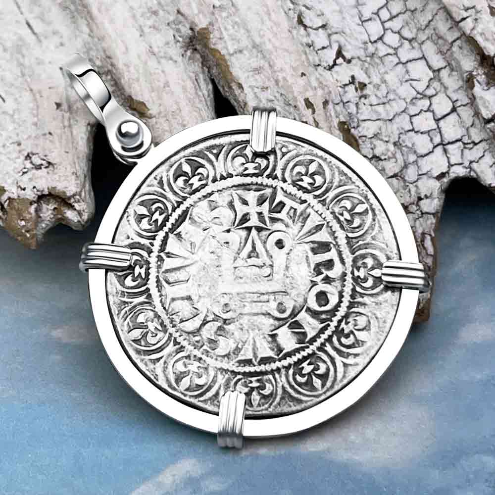 Templar Knights Era Medieval France Silver Gros Tournois circa 1290 Crusader Cross Coin 14K White Gold Pendant