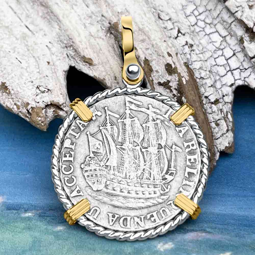 Dutch East India Company 1766 Silver 6 Stuiver Ship Shilling "I Struggle and Survive" 14K Gold & Sterling Silver Pendant