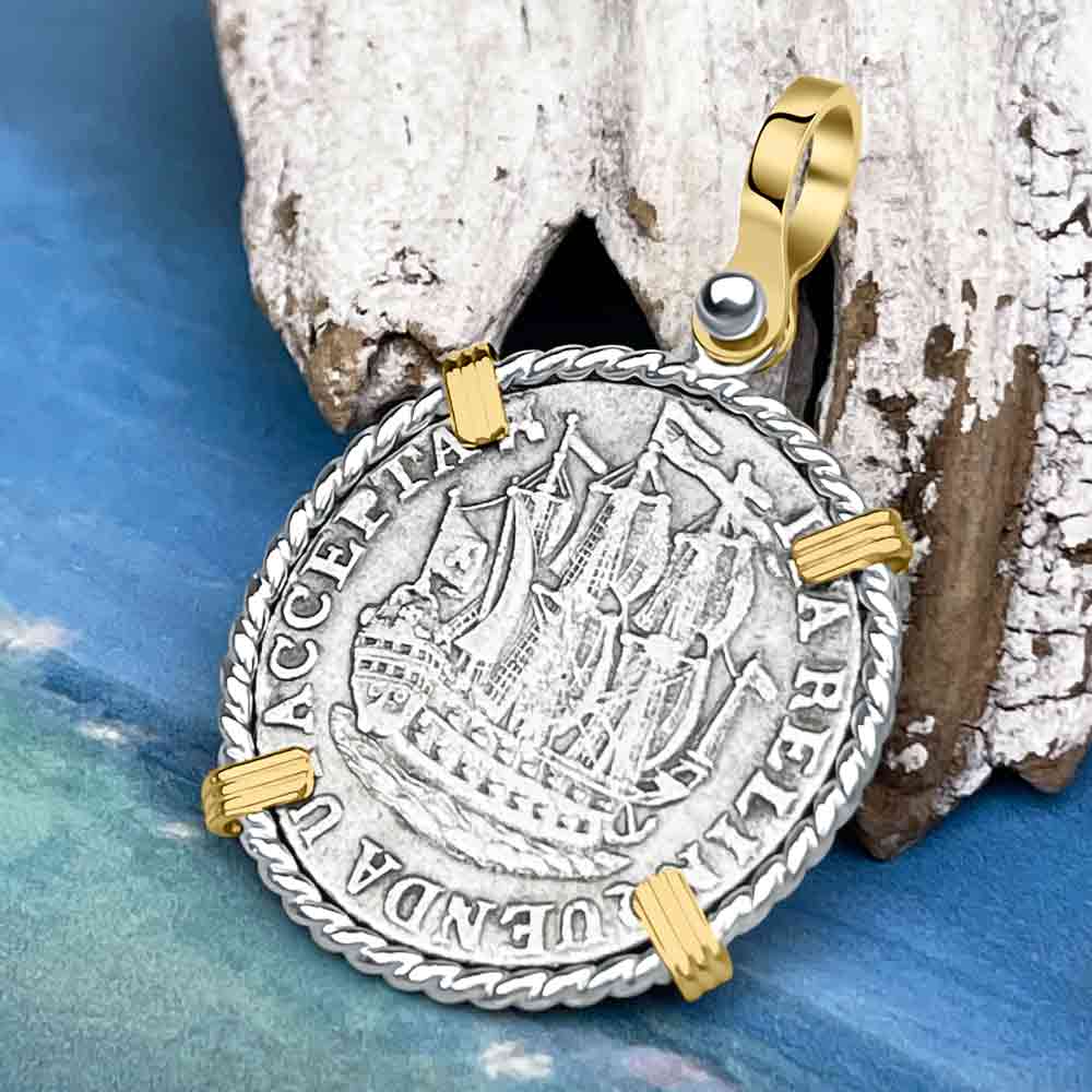 Dutch East India Company 1766 Silver 6 Stuiver Ship Shilling "I Struggle and Survive" 14K Gold & Sterling Silver Pendant