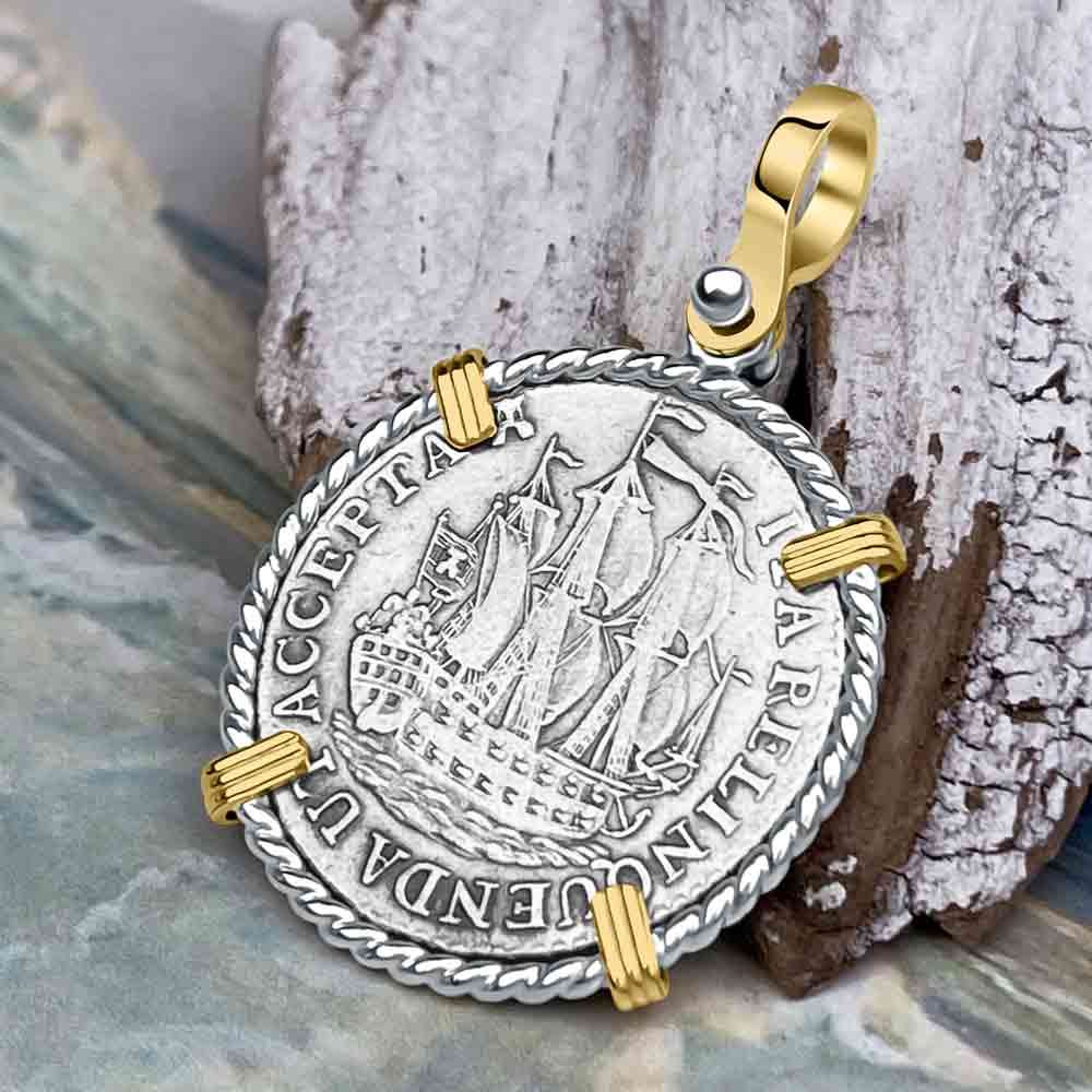 Dutch East India Company 1773 Silver 6 Stuiver Ship Shilling "I Struggle and Survive" 14K Gold & Sterling Silver Pendant