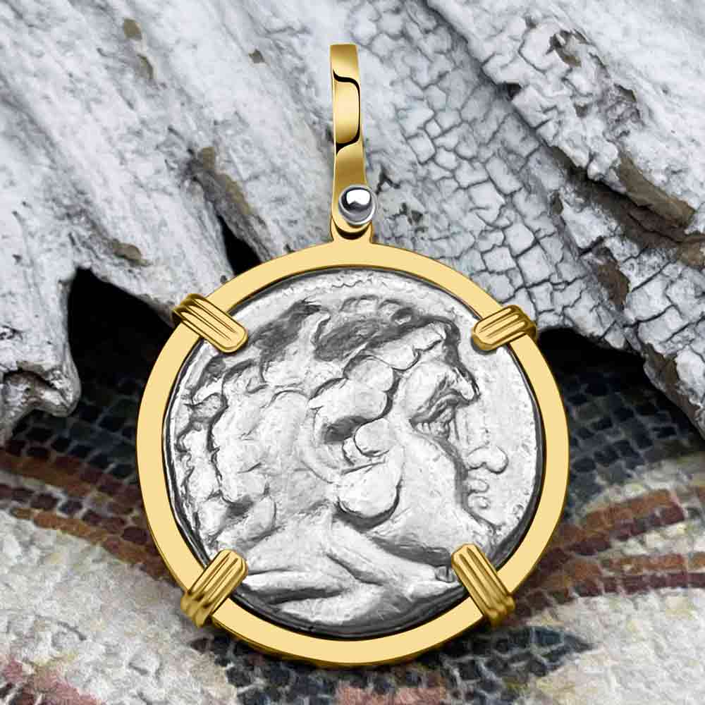 Ancient Greek Alexander the Great LARGE Silver Tetradrachm Coin 14K Gold Pendant 