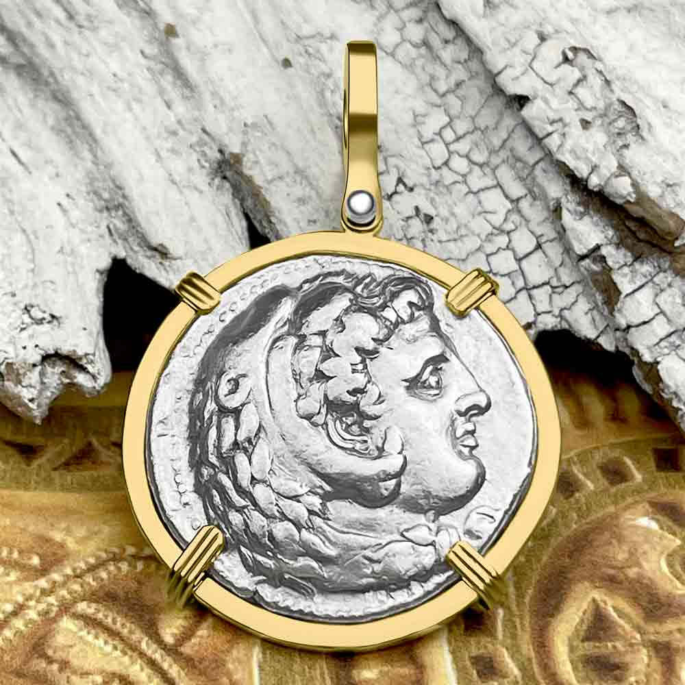 Ancient Greek Alexander the Great LARGE Silver Tetradrachm Coin 14K Gold Pendant