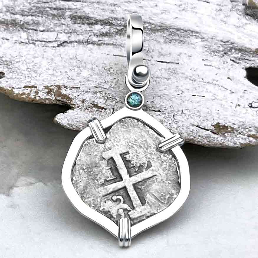 1720s Rimac River "Good Luck" Spanish 1/2 Reale "Piece of Eight" Sterling Silver with Aqua Sapphire Pendant