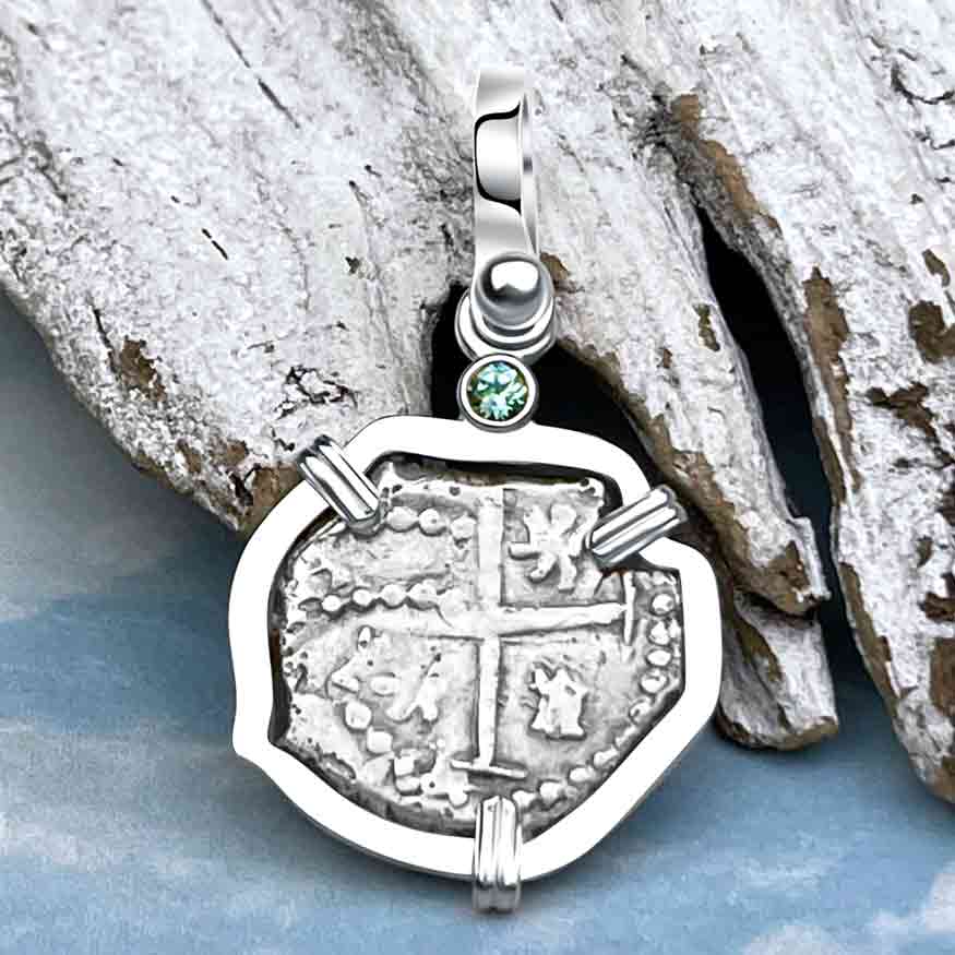 1650s Rimac River "Good Luck" Spanish 1/2 Reale "Piece of Eight" Sterling Silver with Aqua Sapphire Pendant