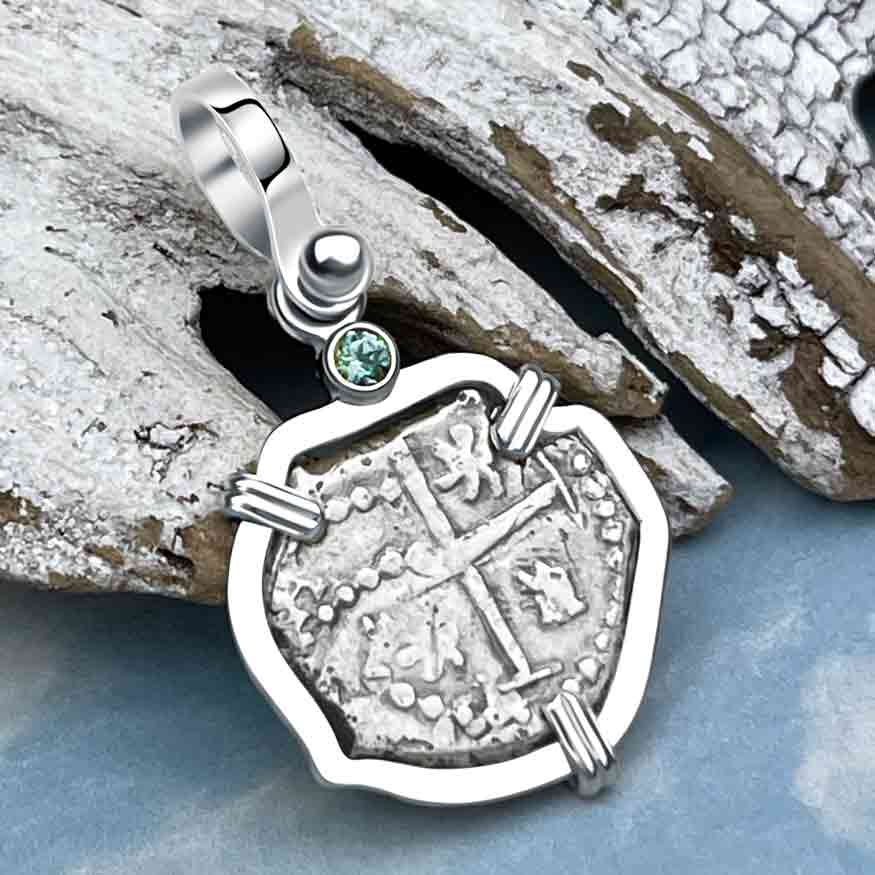 1650s Rimac River "Good Luck" Spanish 1/2 Reale "Piece of Eight" Sterling Silver with Aqua Sapphire Pendant