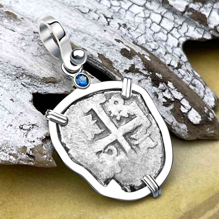 1720s Rimac River "Good Luck" Spanish 1/2 Reale "Piece of Eight" Sterling Silver with Blue Sapphire Pendant