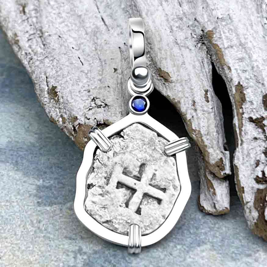 1720s Rimac River &quot;Good Luck&quot; Spanish 1/2 Reale &quot;Piece of Eight&quot; Sterling Silver with Blue Sapphire Pendant