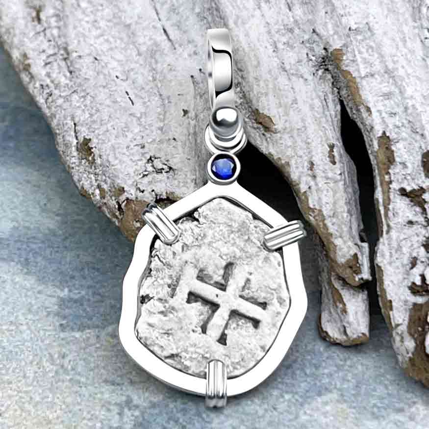 1720s Rimac River "Good Luck" Spanish 1/2 Reale "Piece of Eight" Sterling Silver with Blue Sapphire Pendant