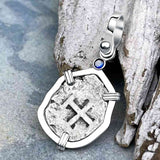 1720s Rimac River "Good Luck" Spanish 1/2 Reale "Piece of Eight" Sterling Silver with Blue Sapphire Pendant