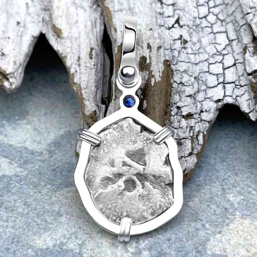 1720s Rimac River &quot;Good Luck&quot; Spanish 1/2 Reale &quot;Piece of Eight&quot; Sterling Silver with Blue Sapphire Pendant