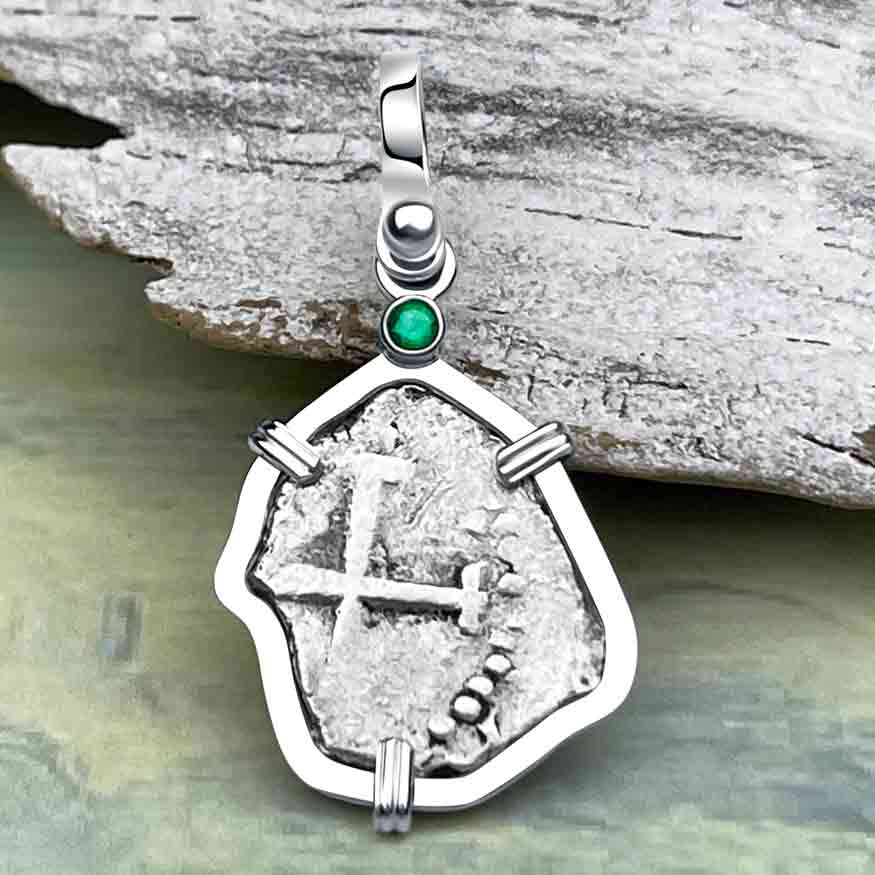  1720s Rimac River "Good Luck" Spanish 1/2 Reale "Piece of Eight" Sterling Silver with Emerald Pendant