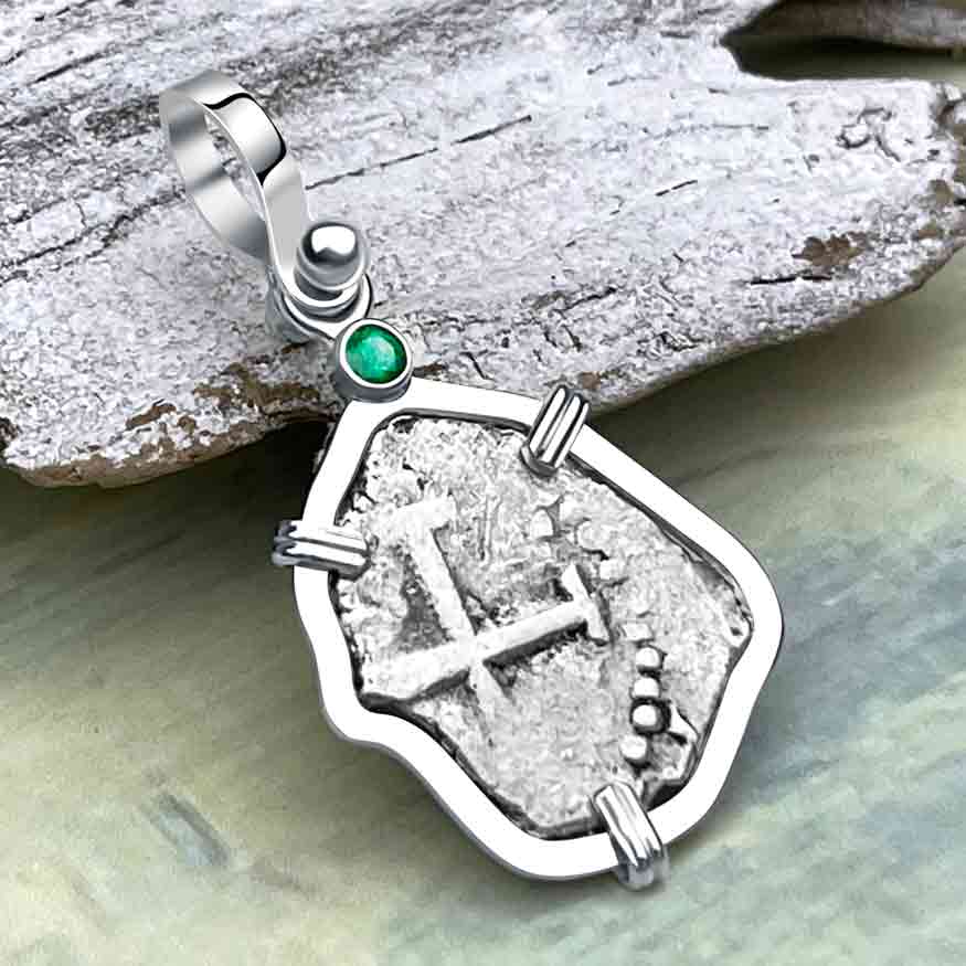 1720s Rimac River Good Luck Spanish 1/2 Reale Cob Piece of 8 Sterling Silver with Emerald Pendant | Artifact #8242
