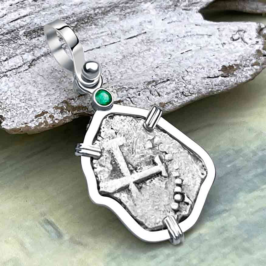  1720s Rimac River "Good Luck" Spanish 1/2 Reale "Piece of Eight" Sterling Silver with Emerald Pendant