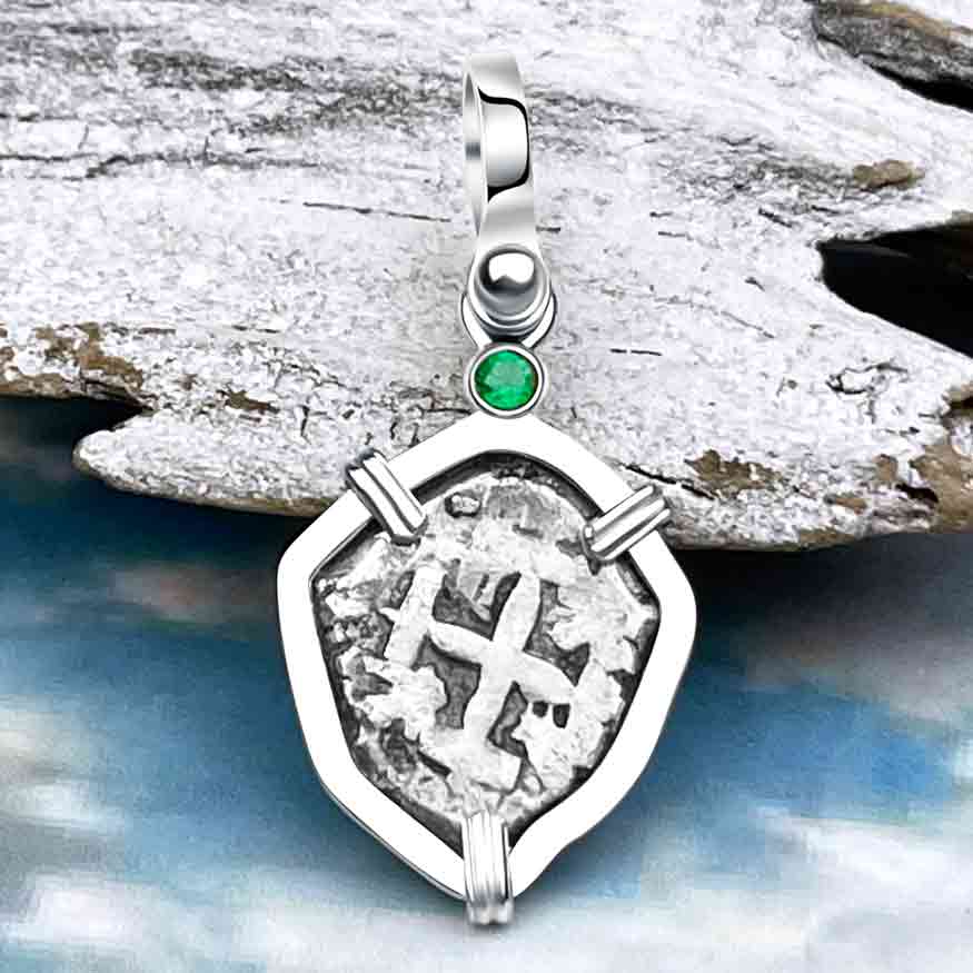 1750s Rimac River &quot;Good Luck&quot; Spanish 1/2 Reale &quot;Piece of Eight&quot; Sterling Silver with Emerald Pendant | Artifact #8243