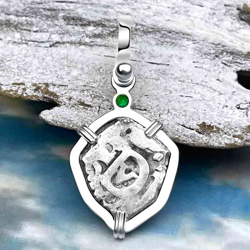 1750s Rimac River &quot;Good Luck&quot; Spanish 1/2 Reale &quot;Piece of Eight&quot; Sterling Silver with Emerald Pendant | Artifact #8243
