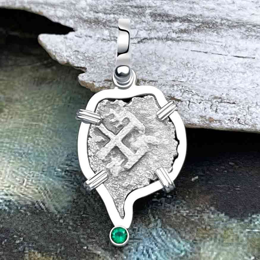 Heart Shaped 1720s Rimac River &quot;Good Luck&quot; Spanish 1/2 Reale &quot;Piece of Eight&quot; Sterling Silver with Emerald Pendant