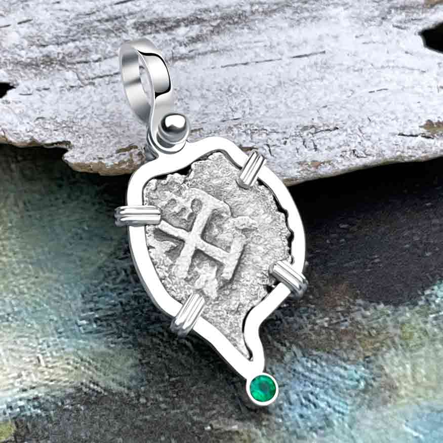 Heart Shaped 1720s Rimac River &quot;Good Luck&quot; Spanish 1/2 Reale &quot;Piece of Eight&quot; Sterling Silver with Emerald Pendant