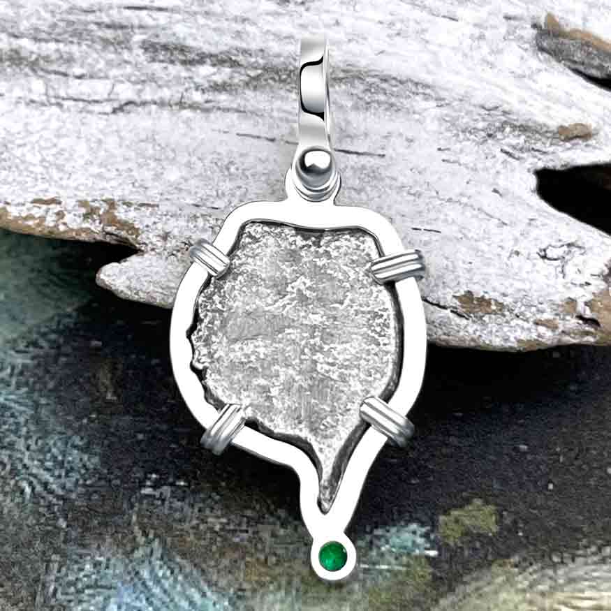 Heart Shaped 1720s Rimac River &quot;Good Luck&quot; Spanish 1/2 Reale &quot;Piece of Eight&quot; Sterling Silver with Emerald Pendant