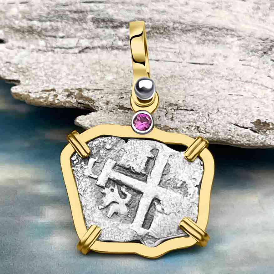 1730s Rimac River "Good Luck" Spanish 1/2 Reale "Piece of 8" 14K Gold Pendant with Pink Sapphire