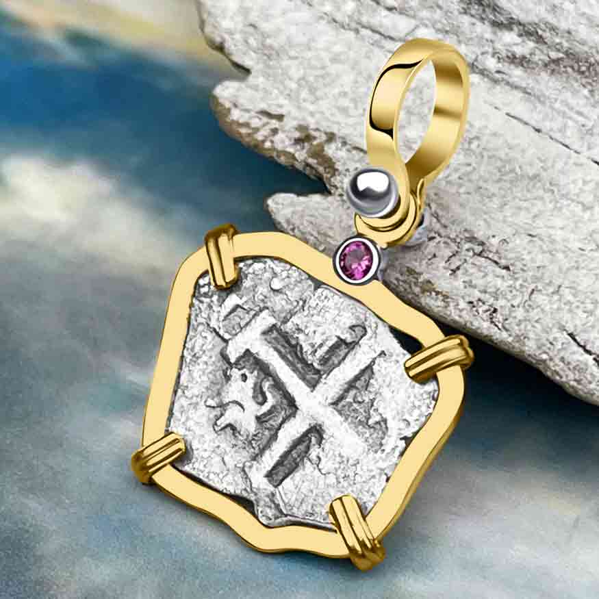 1730s Rimac River "Good Luck" Spanish 1/2 Reale "Piece of 8" 14K Gold Pendant with Pink Sapphire