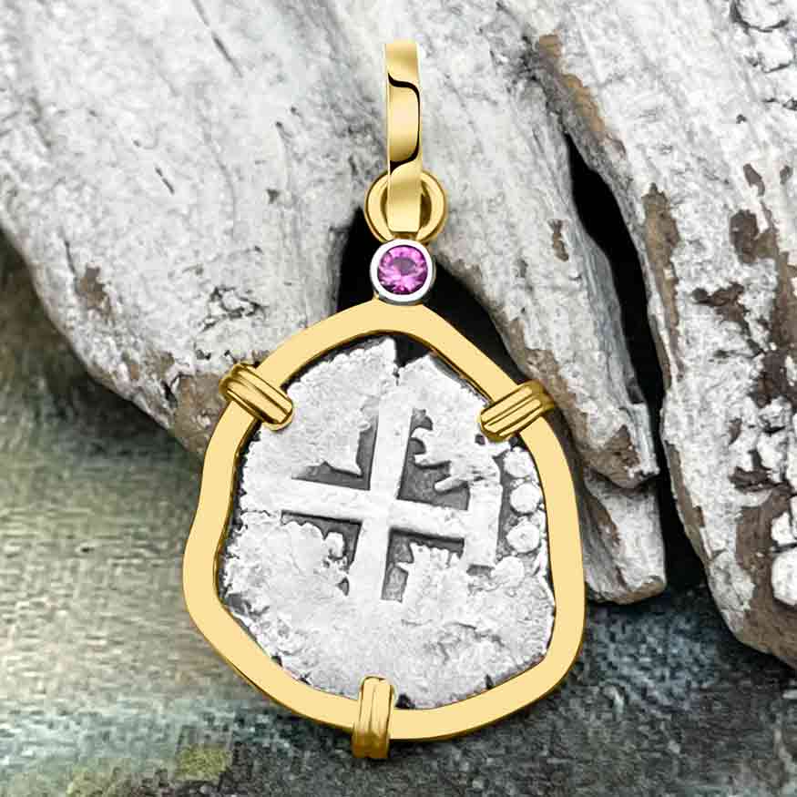 1720 Rimac River "Good Luck" Spanish 1/2 Reale "Piece of 8" 14K Gold Pendant with Pink Sapphire