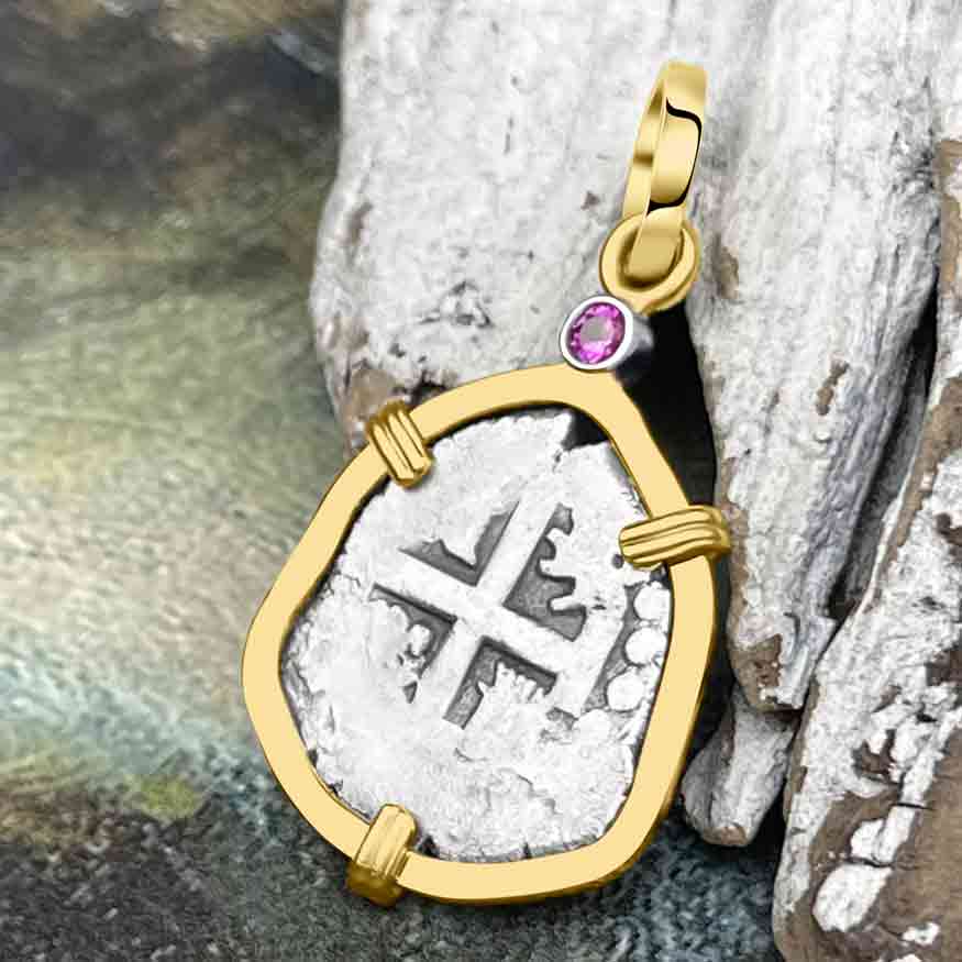 1720 Rimac River "Good Luck" Spanish 1/2 Reale "Piece of 8" 14K Gold Pendant with Pink Sapphire