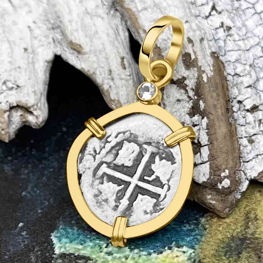 1674 Rimac River "Good Luck" Spanish 1/2 Reale "Piece of 8" 14K Gold Pendant with White Sapphire