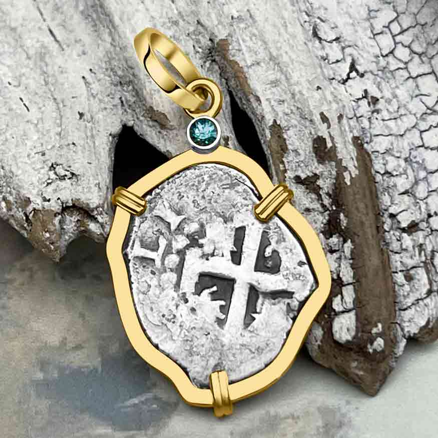 1727 Rimac River "Good Luck" Spanish 1/2 Reale "Piece of 8" 14K Gold Pendant with Aqua Sapphire