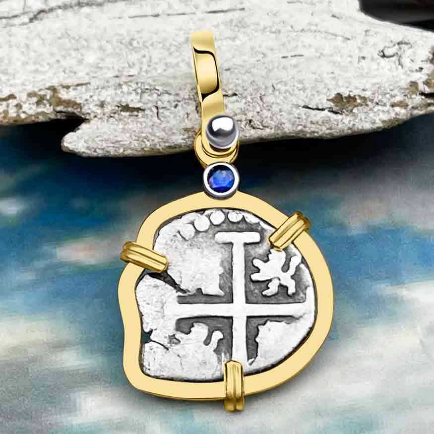 1700 Rimac River "Good Luck" Spanish 1/2 Reale "Piece of 8" 14K Gold Pendant with Blue Sapphire