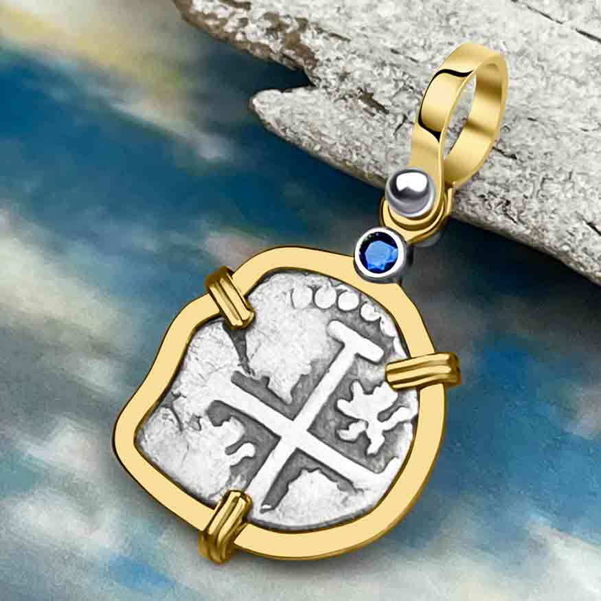 1700 Rimac River "Good Luck" Spanish 1/2 Reale "Piece of 8" 14K Gold Pendant with Blue Sapphire