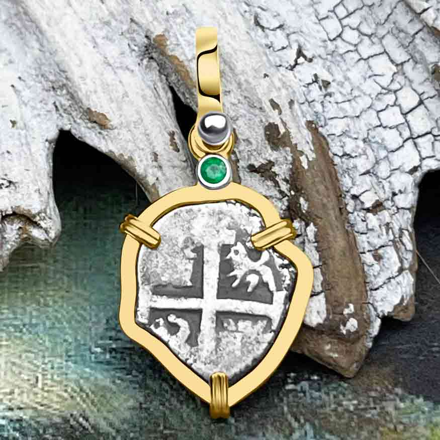 1710s Rimac River &quot;Good Luck&quot; Spanish 1/2 Reale &quot;Piece of 8&quot; 14K Gold Pendant with Emerald