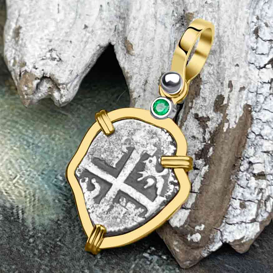 1710s Rimac River "Good Luck" Spanish 1/2 Reale "Piece of 8" 14K Gold Pendant with Emerald