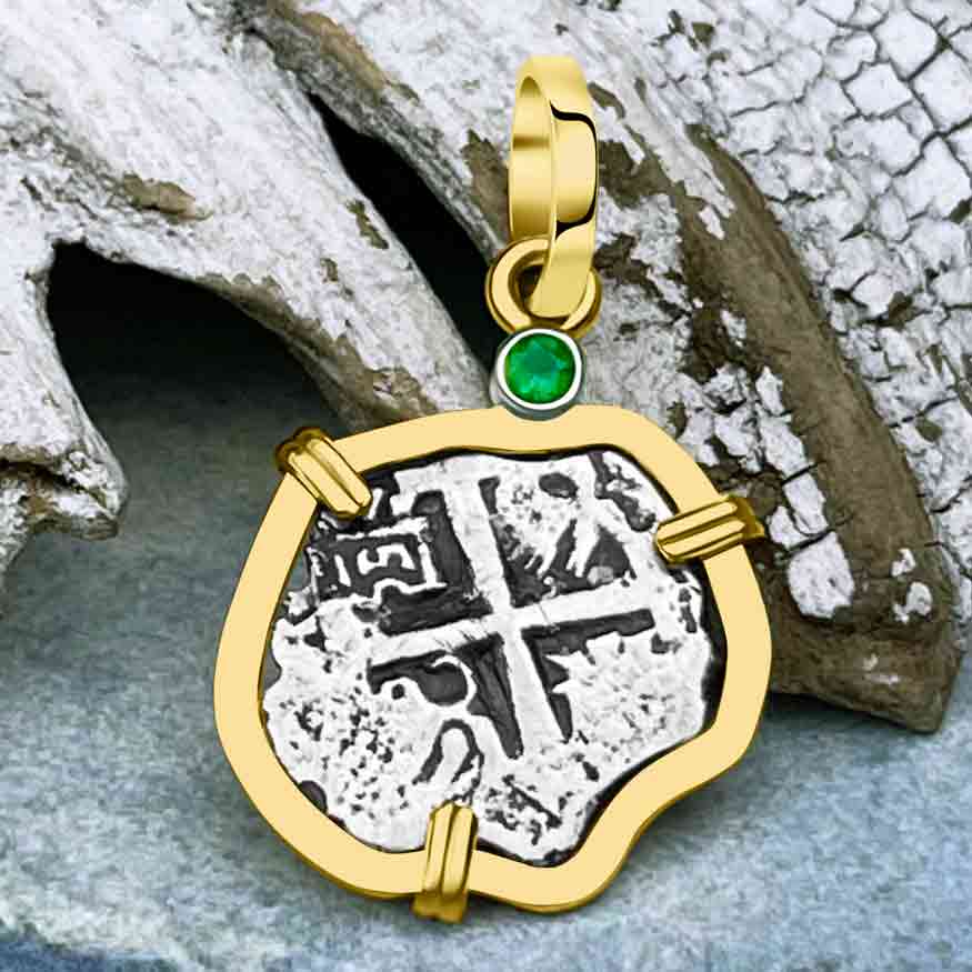 1740 Rimac River &quot;Good Luck&quot; Spanish 1/2 Reale &quot;Piece of 8&quot; 14K Gold Pendant with Emerald